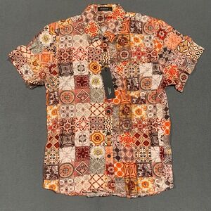 MCEDAR Mens Casual Button Down Shirt Orange Patchwork Print Short Sleeve Size S